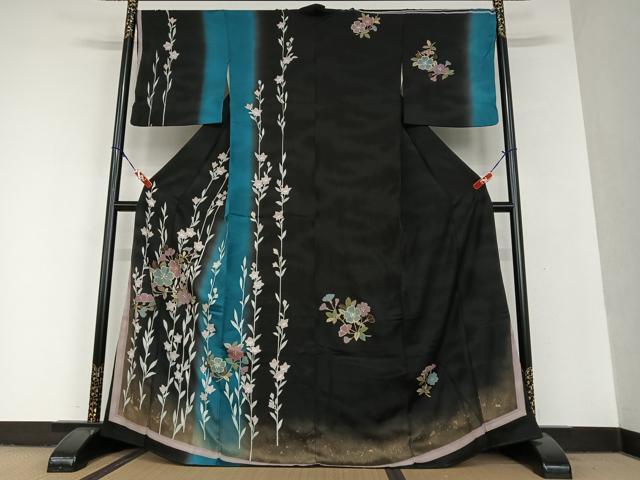 平和屋着物●訪問着　草花文　暈し染め　黒地　金彩　正絹　逸品　AAAU8210zg