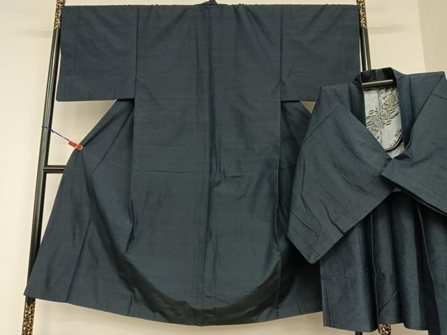 平和屋着物●男性　紬　アンサンブル　色無地　鉄紺色　正絹　逸品　AAAU8261zg