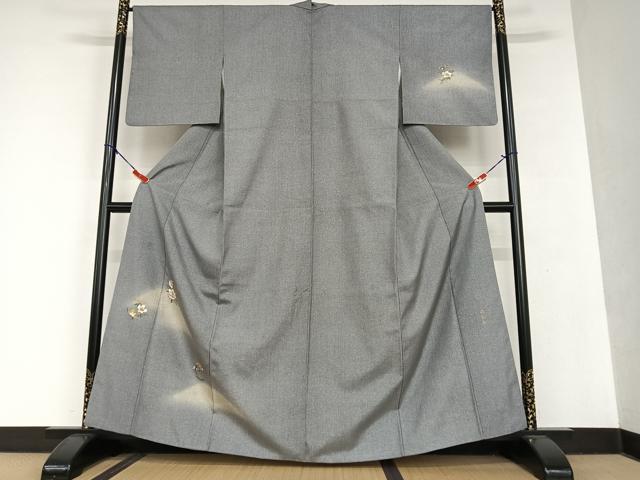 平和屋着物●訪問着　作家物　紬地　総刺繍　草花文　暈し染め　金彩　正絹　逸品　AAAU8270zg