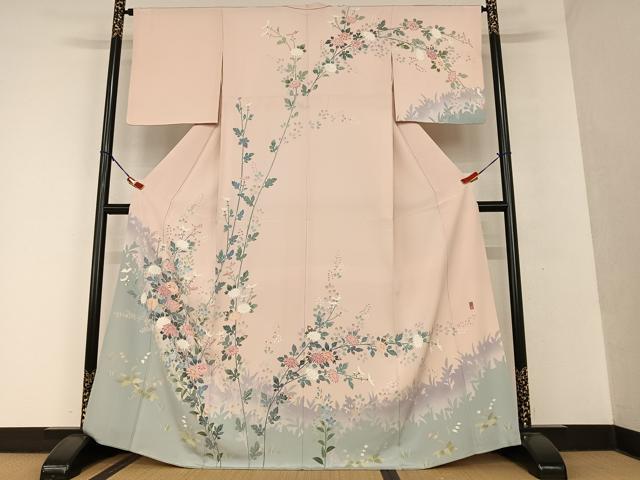 平和屋着物●十日町友禅　一梗　訪問着　草花文　暈し染め　正絹　逸品　AAAU8277zg