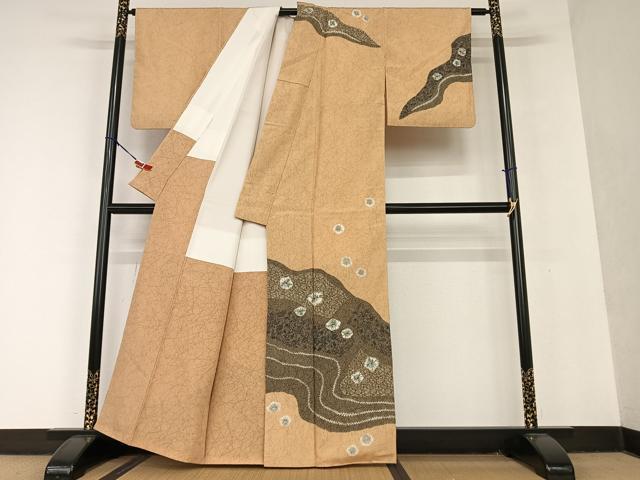 平和屋着物○訪問着 紬地 絞り 道長花唐草文 正絹 逸品 AAAU8301zg