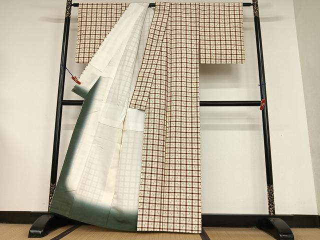 平和屋着物○上質な紬 格子 正絹 逸品 AAAU8352zg