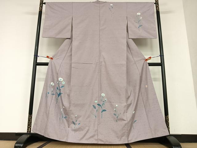 平和屋着物●現代の名工　京友禅 村田道宣　訪問着　紬地　手描き　草花文　正絹　逸品　AAAU8445zg