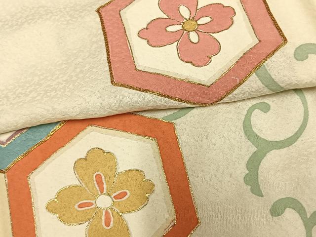 平和屋着物▽訪問着 単衣 駒刺繍 亀甲花文 金彩 正絹 逸品