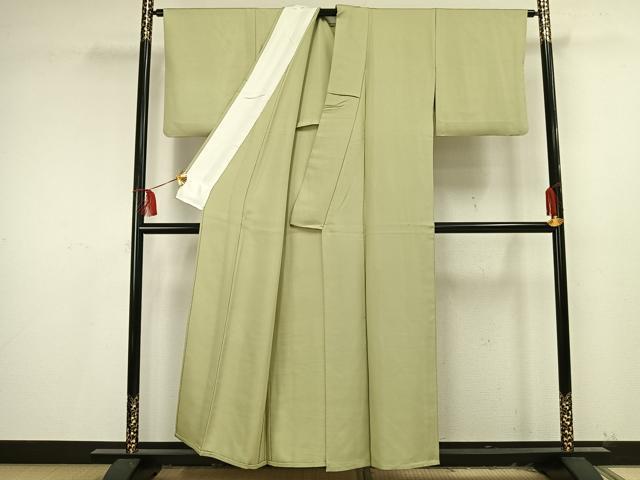 平和屋着物▽上質な色無地 単衣 若葉色 銀通し地 正絹