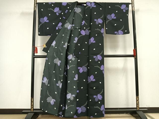 平和屋着物▽小紋 単衣 花蝶文 夜桜 黒地 洗える着物 AAAU8559fy 小紋