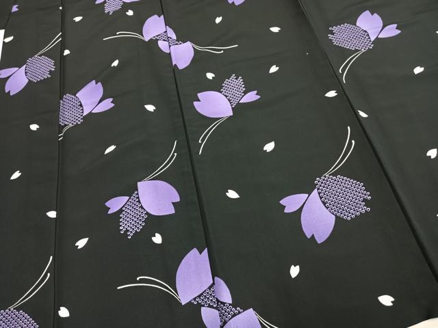平和屋着物▽小紋 単衣 花蝶文 夜桜 黒地 洗える着物 AAAU8559fy 小紋