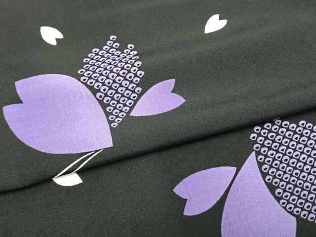 平和屋着物▽小紋 単衣 花蝶文 夜桜 黒地 洗える着物 AAAU8559fy 小紋