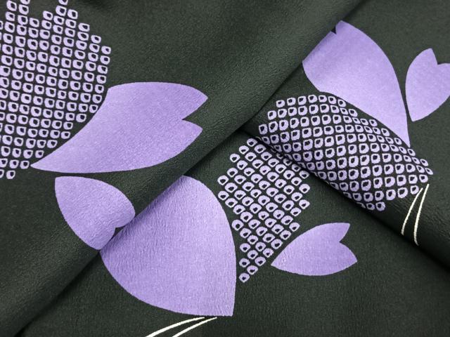 平和屋着物▽小紋　単衣　花蝶文　夜桜　黒地　洗える着物　AAAU8559fy