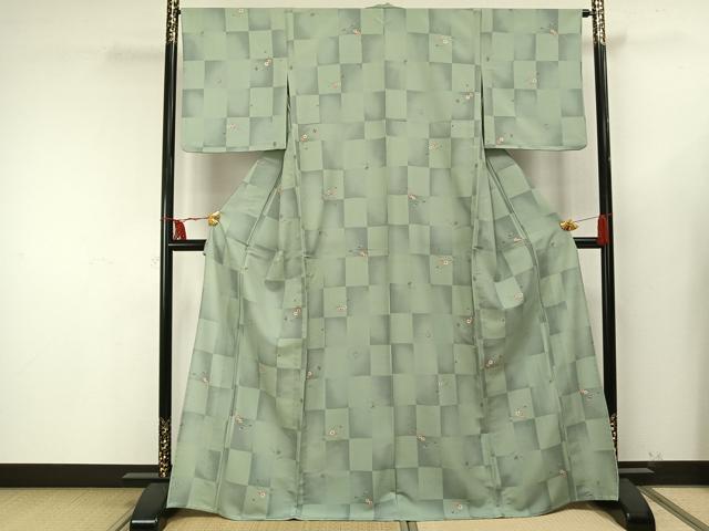 平和屋着物▽小紋 単衣 市松花文 洗える着物 AAAU8564fy 小紋