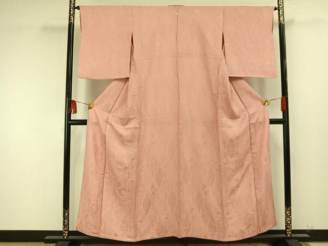 平和屋着物▽上質な色無地　単衣　立涌唐草花文　珊瑚色　正絹　逸品　AAAU8589fy 平和屋着物▽上質な色無地 単衣 立涌唐草花文 珊瑚色 正絹 逸品