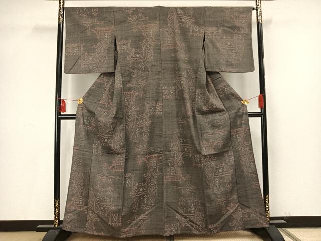 平和屋着物▽結城ちぢみ　単衣　オリエント花文　正絹　逸品　AAAU8603fy 平和屋着物▽結城ちぢみ 単衣 オリエント花文 正絹 逸品 AAAU8603fy