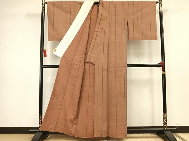 平和屋着物▽上質な紬 単衣 縞 正絹 逸品 AAAU8666fy