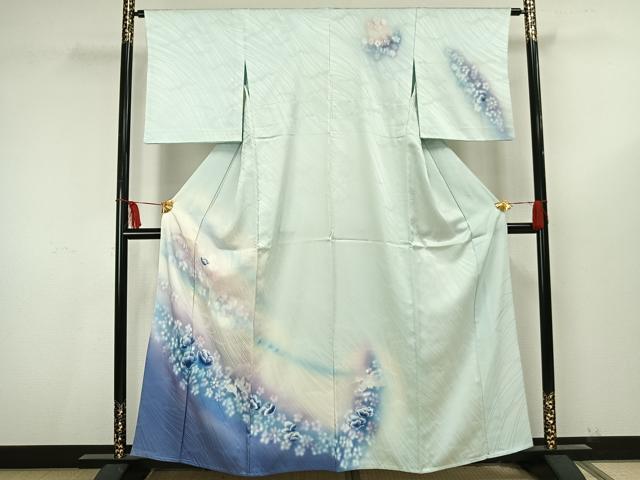 平和屋着物▽訪問着　単衣　花蝶文　暈し染め　銀彩　正絹　逸品　AAAU8675fy