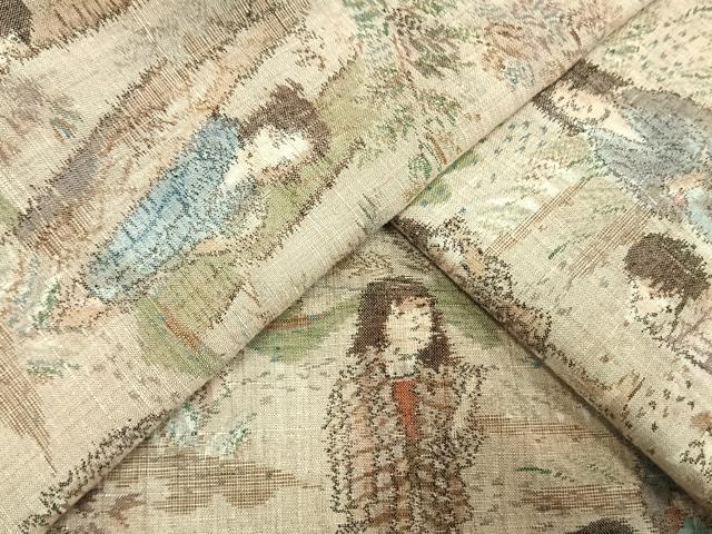 平和屋着物▽上質な紬　単衣　人物風景文　正絹　逸品　未使用　AAAV2732fy