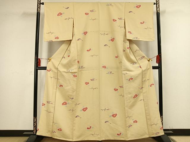 平和屋着物▽上質な小紋　単衣　花鳥文　金彩　正絹　逸品　未使用　AAAV2756fy 平和屋着物▽上質な小紋 単衣 花鳥文 金彩 正絹 逸品 未使用