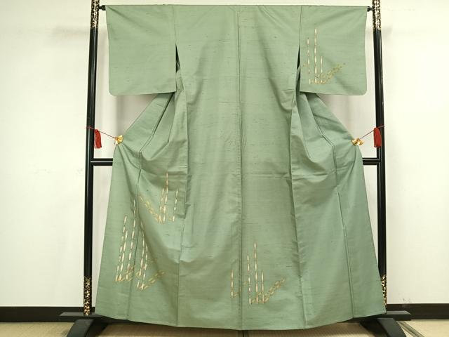 平和屋着物▽訪問着　単衣　紬地　木賊　正絹　逸品　AAAV2766fy