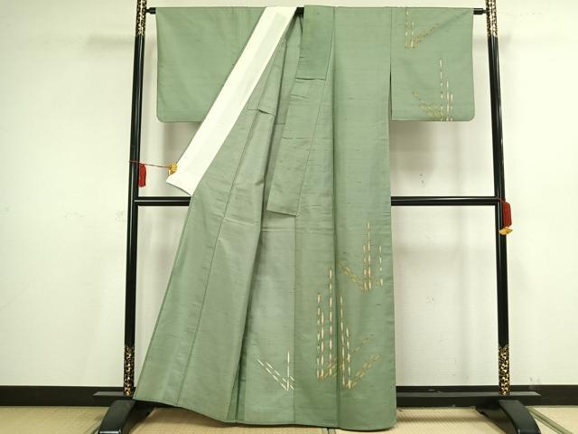 平和屋着物▽訪問着　単衣　紬地　木賊　正絹　逸品　AAAV2766fy_1
