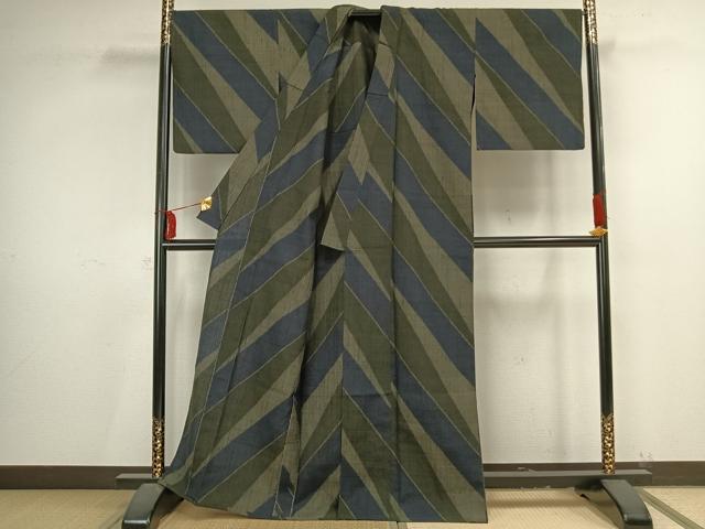 平和屋着物▽結城ちぢみ　単衣　斜縞　正絹　逸品　AAAV2787fy 平和屋着物▽結城ちぢみ 単衣 斜縞 正絹 逸品 AAAV2787fy