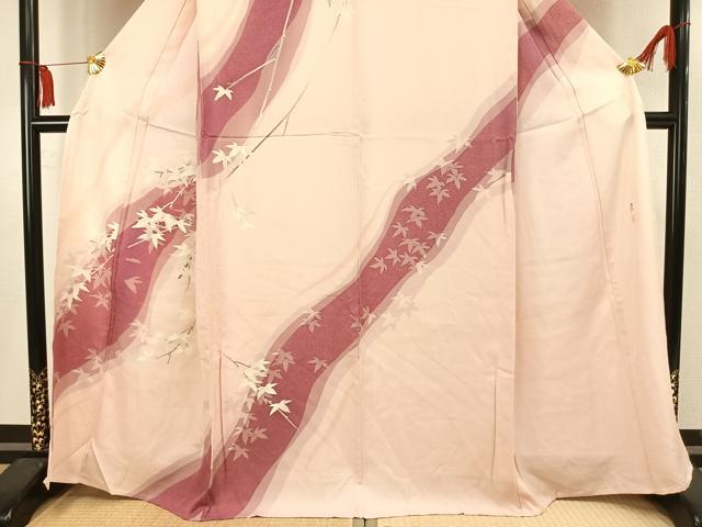 平和屋着物▽訪問着　単衣　友禅　作家物　手描き　枝葉文　正絹　逸品　AAAV2813fy_2