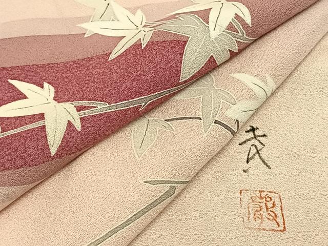 平和屋着物▽訪問着　単衣　友禅　作家物　手描き　枝葉文　正絹　逸品　AAAV2813fy_6