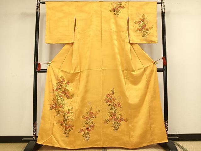 平和屋着物▽訪問着　単衣　草花文　金糸　正絹　逸品　未使用　AAAV2815fy