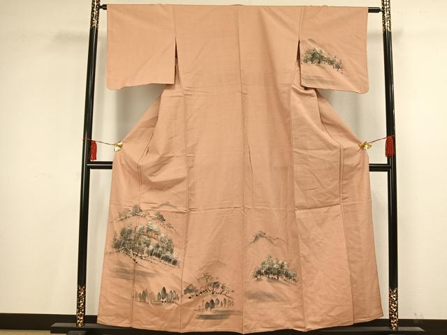 平和屋着物▽訪問着　単衣　紬地　手描き　風景樹林文　暈し染め　正絹　逸品　AAAV2822fy