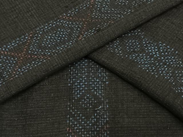 平和屋着物▽結城ちぢみ　単衣　幾何学間道　正絹　逸品　AAAV2828fy