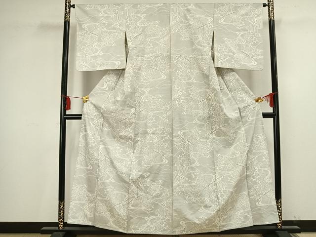 平和屋着物▽本場大島紬 単衣 白大島 120亀甲 風景草花文 正絹