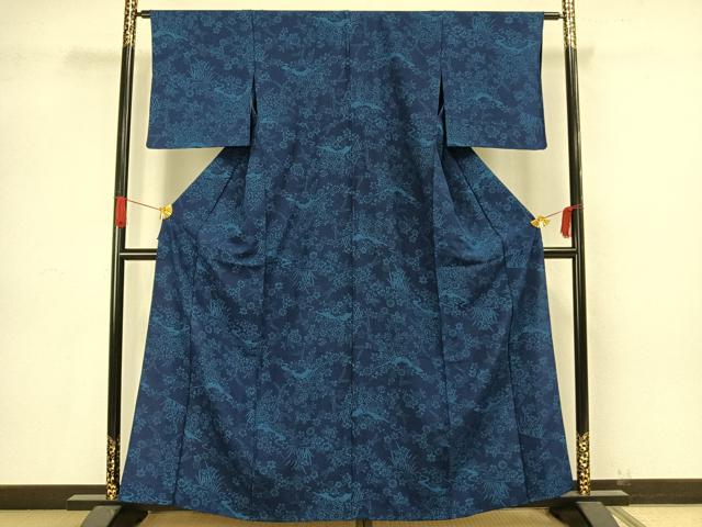 平和屋着物▽上質な小紋 単衣 藍 型染め 草花文 正絹 逸品