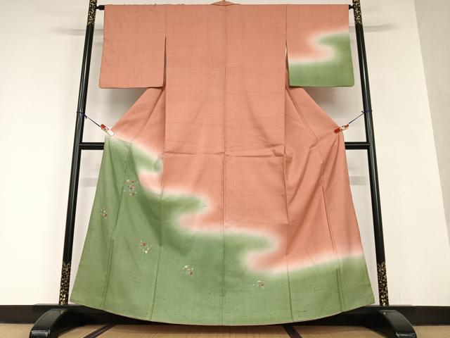 平和屋着物●訪問着　紬地　刺繍　草花文　暈し染め　正絹　逸品　AAAV7036zg