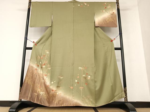 平和屋着物▽上質な紬　単衣　あまちゃづる　薬草染　霞取り吉祥花文　反端付き　正絹　逸品　DAAV5227az 平和屋着物▽上質な紬 単衣 あまちゃづる 薬草染 霞取り