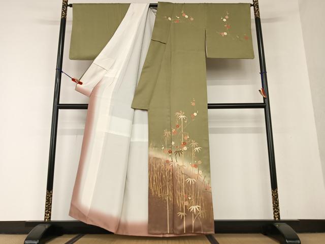 akmx144 美品 逸品 粋 金彩 叩き染 正絹 訪問着 作家物 蝋叩き染め 唐花 金彩 訪問着 正絹 黒白 グレー 443