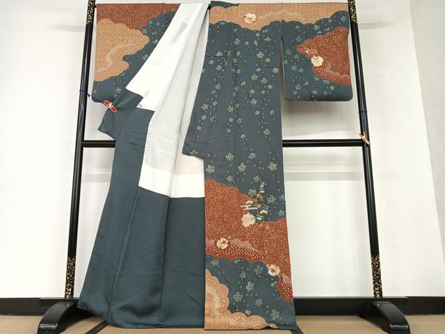 平和屋着物●訪問着　絞り　中国三大刺繍　汕頭刺繍　スワトウ刺繍　エ霞取り吉祥花文　黒地　金彩　正絹　逸品　AAAZ4820ck 平和屋着物○訪問着 絞り 中国三大刺繍 汕頭刺繍 スワトウ刺繍 エ