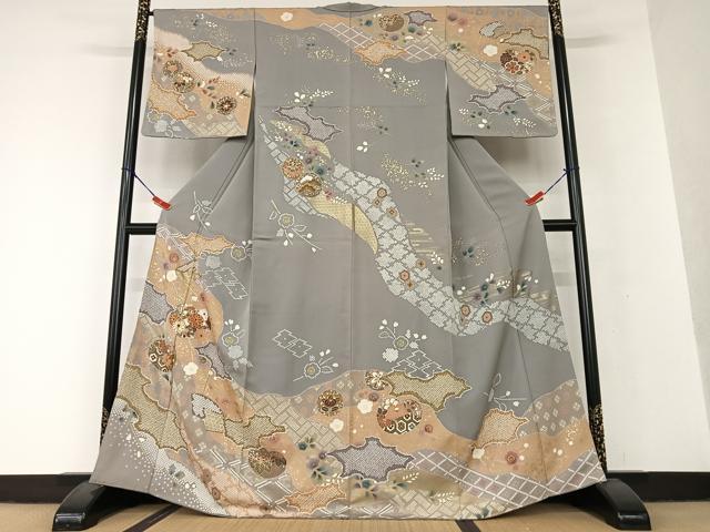 平和屋着物●訪問着　駒刺繍　絞り　草花文　金彩　正絹　逸品　AAAV7181zg