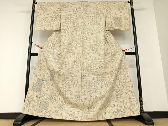 平和屋着物●訪問着　紬地　手描き　風景草花文　正絹　逸品　AAAV7213zg