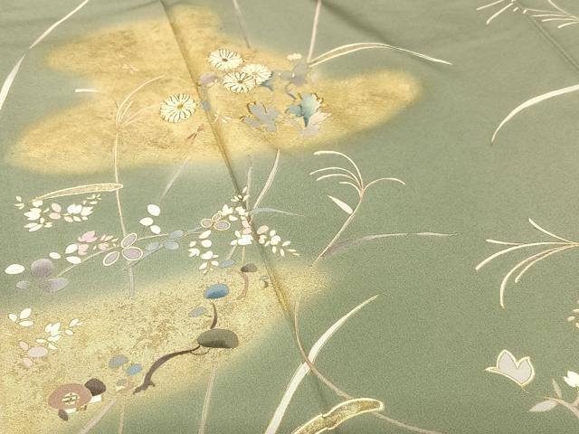 平和屋着物○訪問着 駒刺繍 流水花鳥文 暈し染め 金彩 正絹