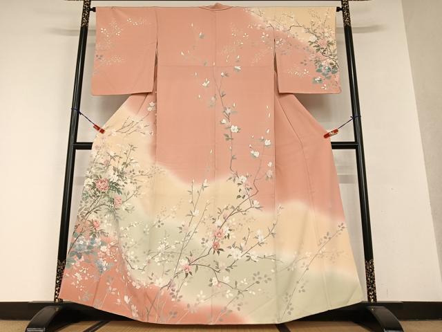 平和屋着物●訪問着　友禅　作家物　松雨　枝花文　暈し染め　正絹　逸品　AAAV7266zg