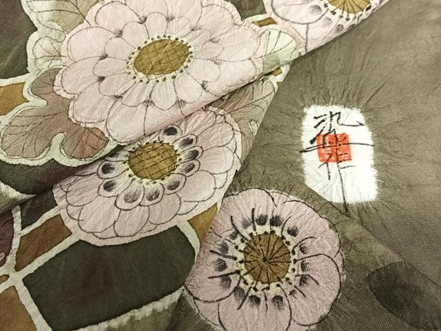 平和屋着物○上質な紬 ろうけつ染め 更紗花文 正絹 逸品 AAAY0103zg