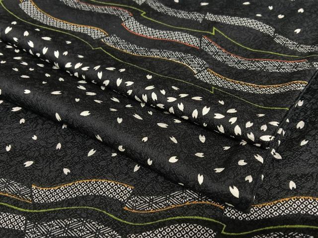 平和屋着物●上質な小紋　横段夜桜吉祥文　黒地　正絹　逸品　AAAV7274zg