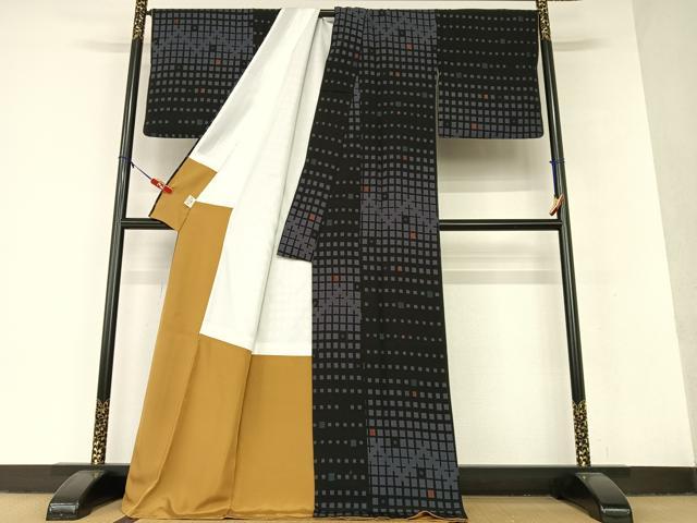 平和屋着物○上質な小紋 格子 黒地 ロング丈 正絹 逸品 AAAV7284zg