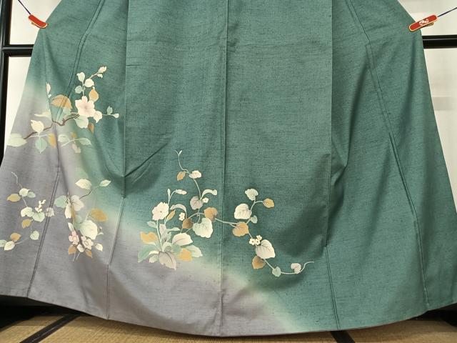 平和屋着物○訪問着 紬地 手描き 草花文 暈し染め 金彩 正絹