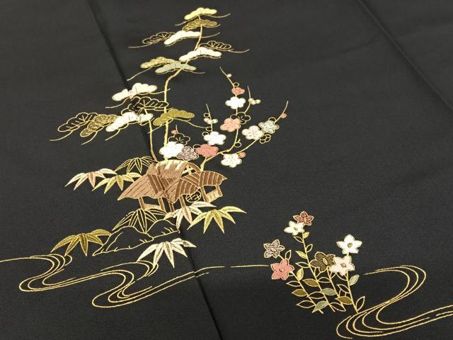 【Q4040】Ｂアンティークお仕立て上がり正絹振袖　黒地に花車模様　金糸刺繍 平和屋着物○訪問着 総刺繍 松竹梅風景文 黒地 金糸 正絹 逸品 未
