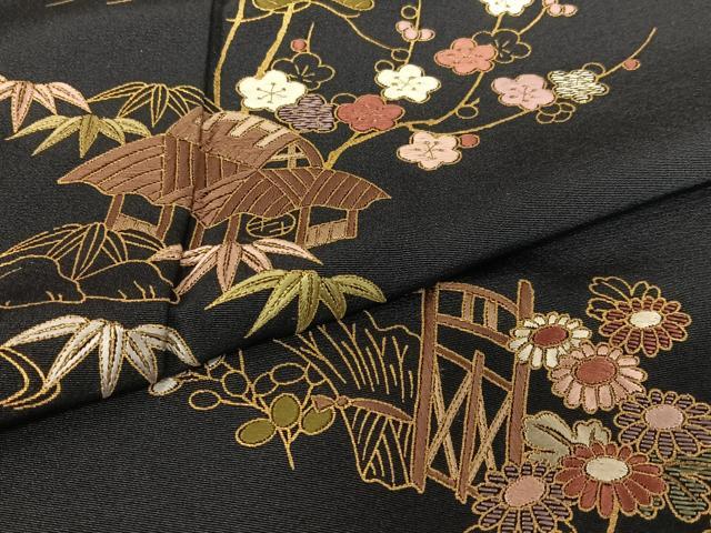 【Q4040】Ｂアンティークお仕立て上がり正絹振袖　黒地に花車模様　金糸刺繍 平和屋着物○訪問着 総刺繍 松竹梅風景文 黒地 金糸 正絹 逸品 未