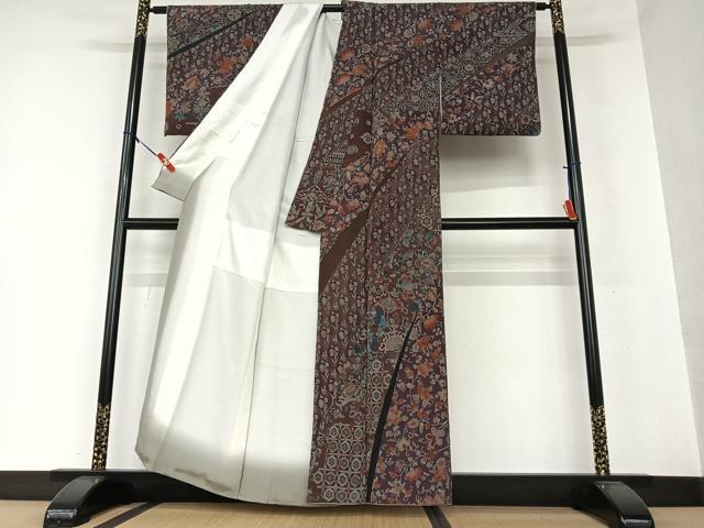 平和屋着物●小林文次郎　訪問着　手描き　更紗花文　鬼しぼ縮緬　正絹　逸品　AAAV7388zg 平和屋着物○小林文次郎 訪問着 手描き 更紗花文 鬼しぼ縮緬 正絹