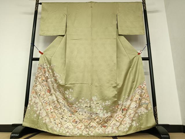 平和屋着物●豪華色留袖　舞扇花鳥文　暈し染め　金彩　正絹　逸品　AAAV7398zg