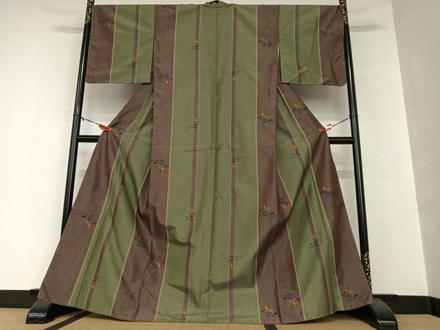 平和屋着物○上質な紬 草花文 縞 正絹 逸品 未使用 AAAV7401zg