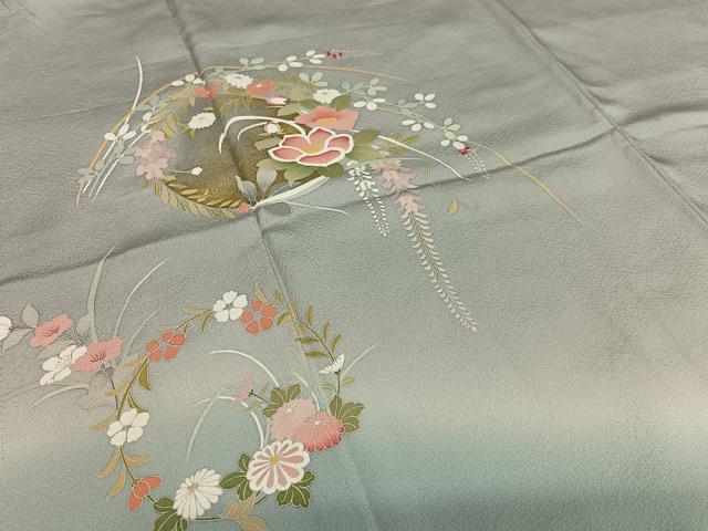 美品 三井屋謹製 着物 作家物落款“自由に水面と擬態するつる草”お召 H-48 美品 三井屋謹製 着物 作家物落款“自由に水面と擬態するつる草