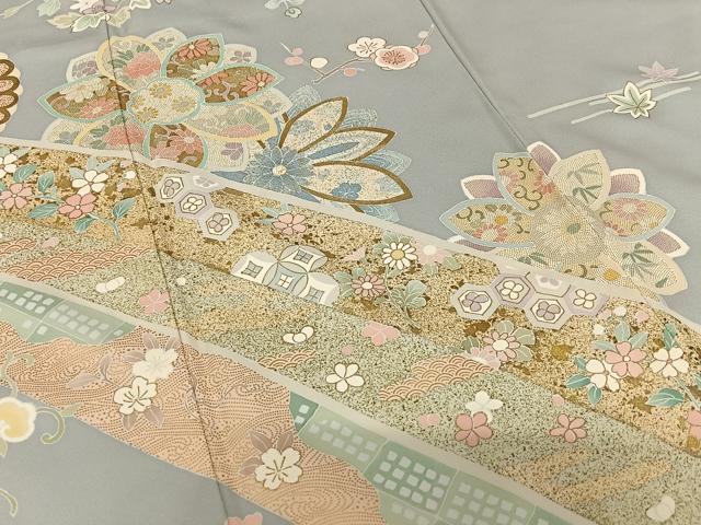 平和屋着物○訪問着 友禅 駒刺繍 舞花文 金彩 正絹 逸品 AAAV7462zg 