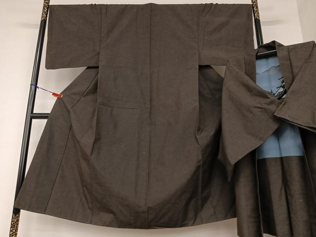 平和屋着物●男性　紬　アンサンブル　色無地　黒鳶色　正絹　逸品　AAAV7482zg